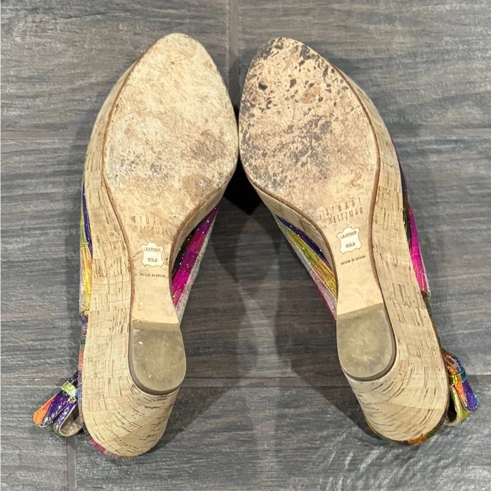 Stuart Weitzman Multi-colored Striped Peep-Toe Slingback Heels - Picture 3 of 5